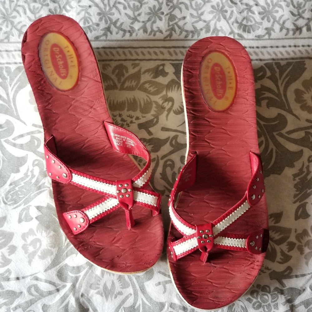 Dr. Scholl Red & White Wedge Sandals
